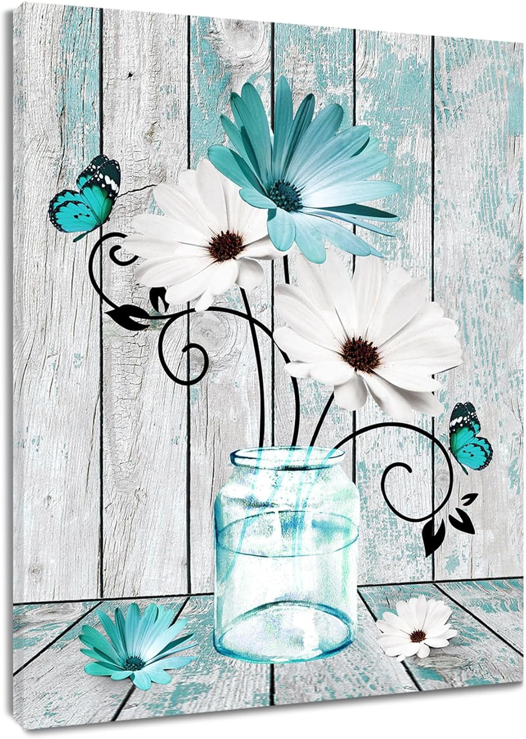 Farmhouse Teal Floral Canvas Wall Art Blue and White Daisy Flower and ...