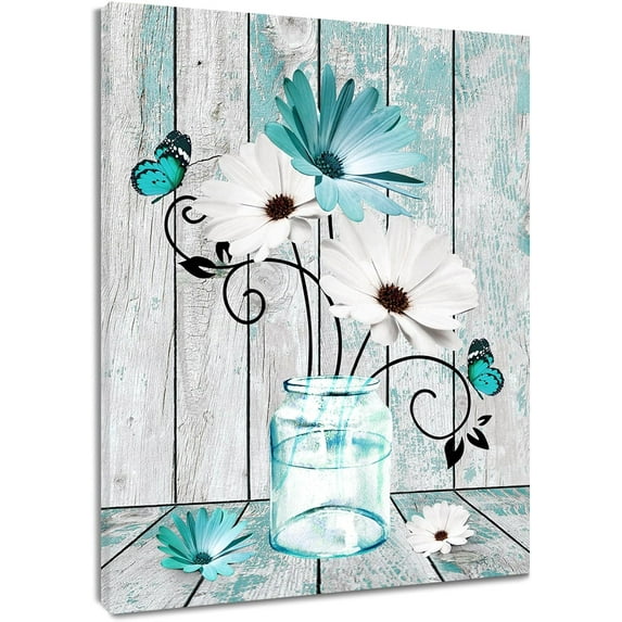 Farmhouse Teal Floral Canvas Wall Art Blue and White Daisy Flower and Butterfly on Retro Wood Pictures Wall Decor Nature Plant Framed Wall Art for Bathroom Living Room Bedroom,16L X 12W inches