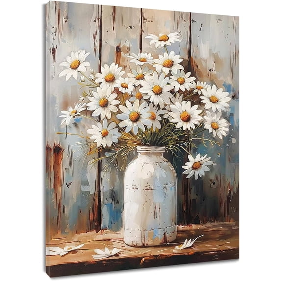 Farmhouse Teal Floral Canvas Wall Art Blue and White Daisy Flower and ...
