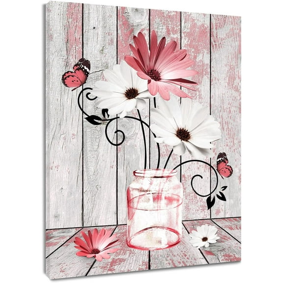 Farmhouse Teal Floral Canvas Wall Art Blue and White Daisy Flower and Butterfly on Retro Wood Pictures Wall Decor Nature Plant Framed Wall Art for Bathroom Living Room Bedroom,16L X 12W inches