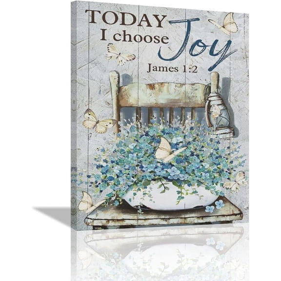 Farmhouse Teal Floral Wall Art Rustic Flower Pictures Wall Decor Country Christian Butterfly Canvas Print Artwork Home Decorations for Living Room Bedroom Bathroom Office Framed 12"x16"