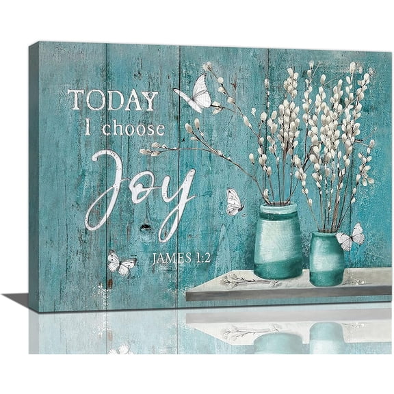 Farmhouse Teal Flower Wall Art Rustic Teal Floral Butterfly Pictures Wall Decor Country Today I Choose Joy Canvas Prints Artwork Home Decoration For Bathroom Bedroom Kitchen Framed 16"x12"