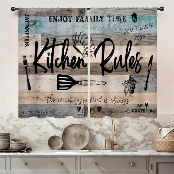 Farmhouse Teal Gray Kitchen Rules Curtain 27.5W X 39L Inch 2 Panel Rod Pocket Rustic Country Fork Spoon Vintage Retro Wooden Board Small Short Cafe Tier Window Drapes Over Sink Bathroom Decor