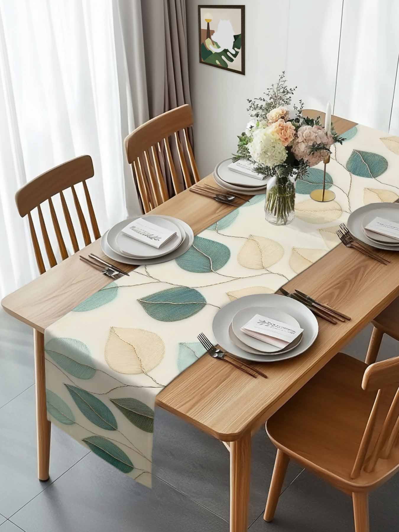 Farmhouse Teal Green Leaf Table Runner 90 Inches Long, Vintage Watercolor Leaves Table Runners Tabletop Scarf Kitchen Dining Tables Decoration for Home Party Indoor Outdoor