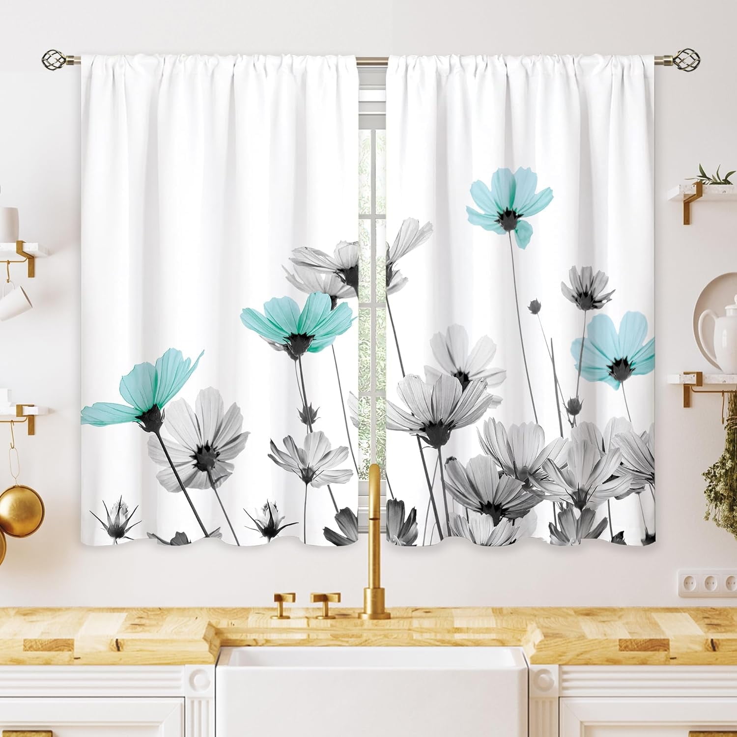 Farmhouse Teal Grey Floral Kitchen Curtains Rustic Flower Window ...