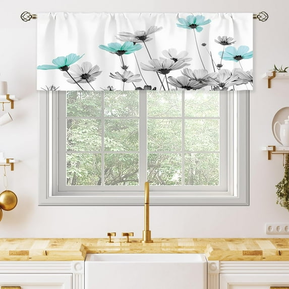 Farmhouse Teal Grey Floral Valances Kitchen Curtains Rustic Watercolor Blue Flower Window Drapes Turquoise Daisy Plant Bathroom Living Room Treatment Tier Fabric 1 Panel 52Wx18H Inch