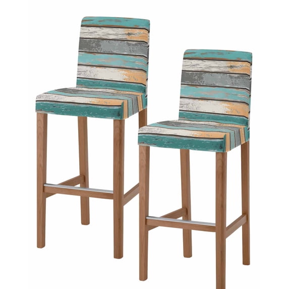 Farmhouse Teal Orange Bar Stool Covers Set of 2, Country Vintage Wooden Stretch Washable Bar Chair Covers with Backs, Removable Pub Counter Height Chair Cover for Kitchen Dining Room Cafe