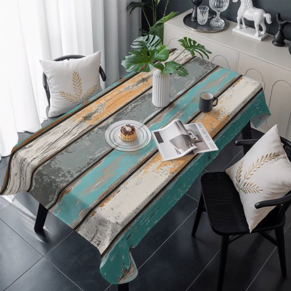 Farmhouse Teal Orange Table Cloth Waterproof Tablecloths, Country Vintage Wooden Tablecloth Dining Table Cover for Kitchen Party Tabletop Outdoor, Rectangle Tablecloth 54x108 Inch