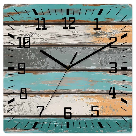 Farmhouse Teal Orange Wooden Wall Clock Silent Non Ticking, Country Vintage Wooden Square Wall Clocks Battery Operated, Decor Clock for Home Office, Living Room, Kitchen, 12 Inch