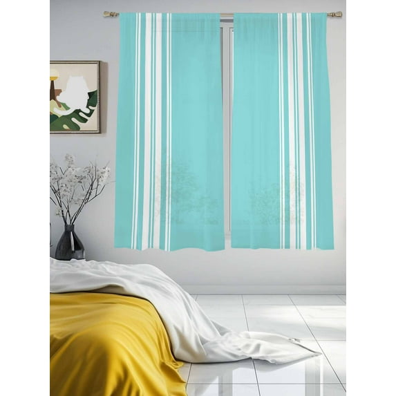 Farmhouse Teal Sheer Curtains 63 inches Long 2 Panels Set White Stripe Tiers Sheers Rod Pocket Small Window Short Curtains for Kitchen Cafe, Each 52" W x 63" L