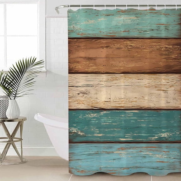 Farmhouse Teal Shower Curtain, Rustic Themed Weathered Wooden Planks, Cloth Fabric Bathroom Decor Set with Hooks, Polyester Waterproof Home Bathtub Decor 60"W x 72"L (Pack of 1)