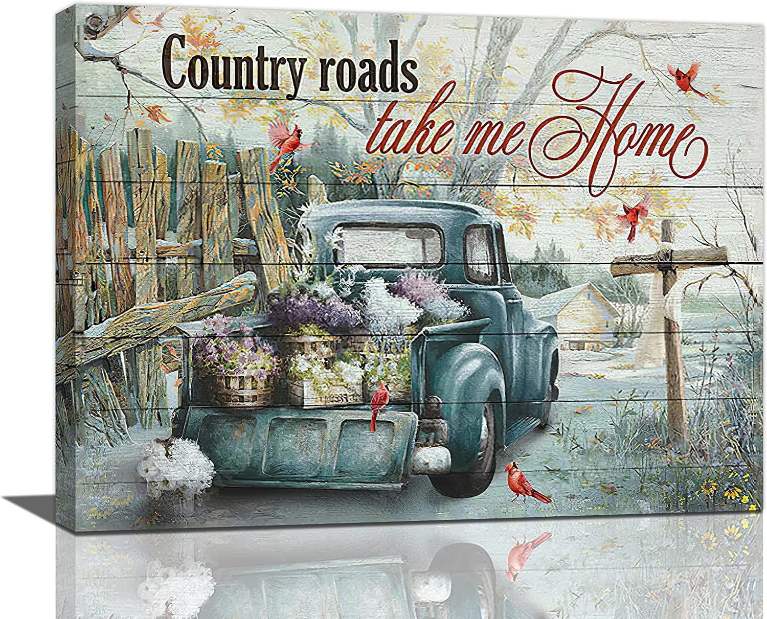 Farmhouse Teal Truck Wall Art Rustic Truck and Flower Pictures Wall