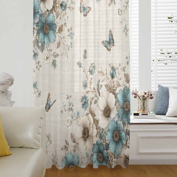 Farmhouse Teal Tulips Sheer Curtains 63 Inch Length, Light Filtering Voile Curtain Panel, Vintage Floral Spring Summer Rod Pocket Drapes Window Treatments for Living Room Bedroom 52"x63"