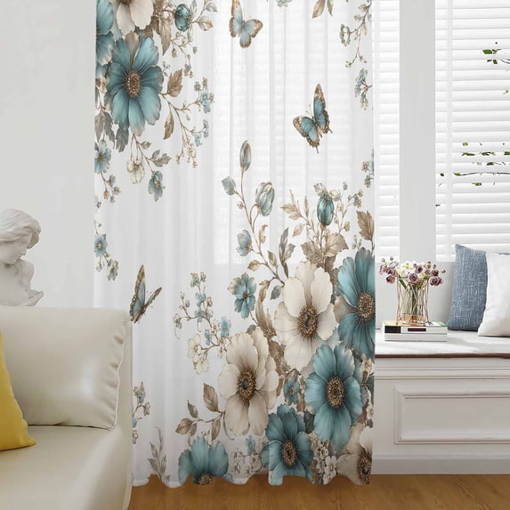 Farmhouse Teal Tulips Sheer Curtains 84 Inch Length, Light Filtering Voile Curtain Panel, Spring Summer Vintage Floral Rod Pocket Drapes Window Treatments for Living Room Bedroom 52"x84"