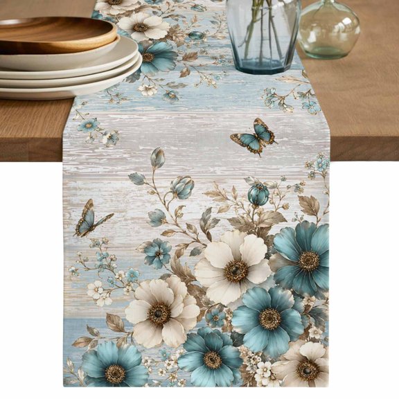 Farmhouse Teal Tulips Table Runner 36 Inches Long, Kitchen Dining Table Decoration, Blue Grey Butterflies Retro Floral Coffee Tablerunner Dress Scarves Farmhouse Décor for Party, Holiday, 13 x 36