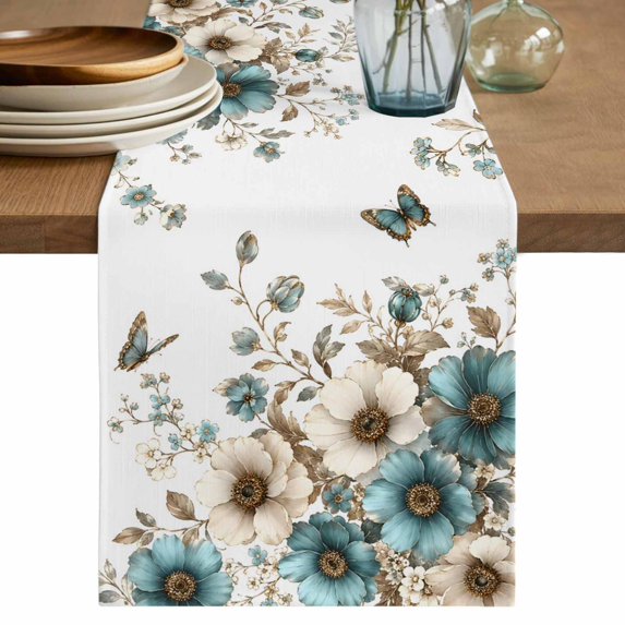 Farmhouse Teal Tulips Table Runner 72 Inches Long - Spring Summer Vintage Floral Kitchen Dining Burlap Linen Tablerunner for Small/Round/Square/Wedding/Coffee/Dining Table Party Home Décor 16 x 72