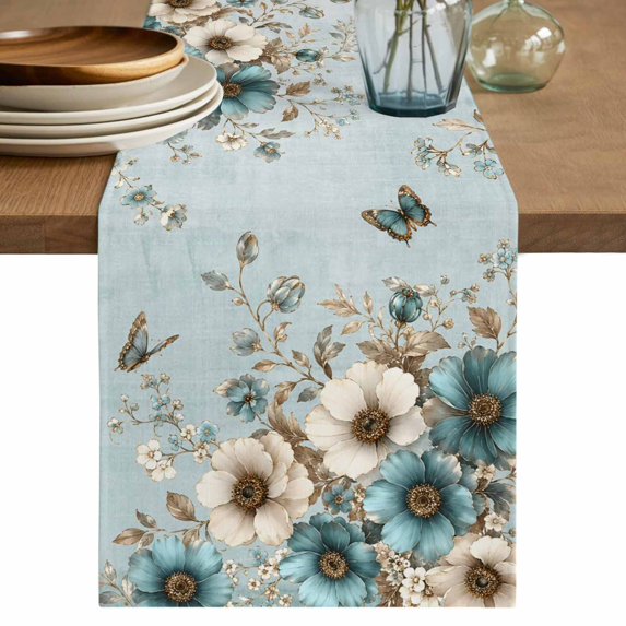Farmhouse Teal Tulips Table Runner 72 Inches Long,Vintage Floral Spring Summer Blue Kitchen Dining Burlap Linen Tablerunner for Small/Round/Square/Wedding/Coffee/Dining Table Party Décor 14 x 72
