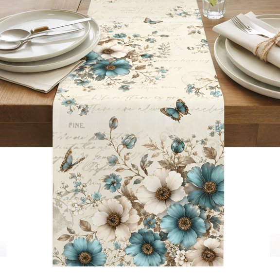Farmhouse Teal Tulips Table Runner Spring Summer Retro Beige Floral Tablerunners 13 x 36 Inch, Table Decorations Tabletop Scarf for Summer Gathering Holiday Farmhouse Kitchen Dining Decor
