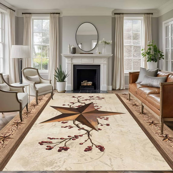 Farmhouse Texas Star Brown Area Rug 5x7 Washable Rug Non Slip Berry Vintage Wooden Large Area Rug Soft Stainresistant Indoor Floor Carpet for Living Room Bedroom Home Office Dining Room Nursery