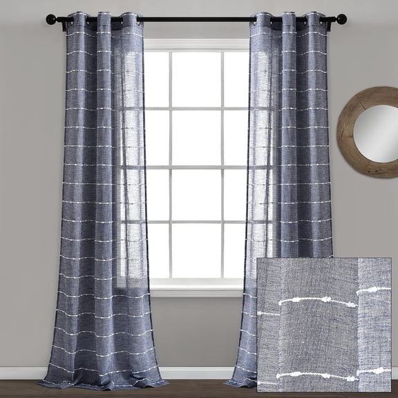 Farmhouse Textured Grommet Sheer Window Curtain Panel Pair, 38"W x 95"L, Navy