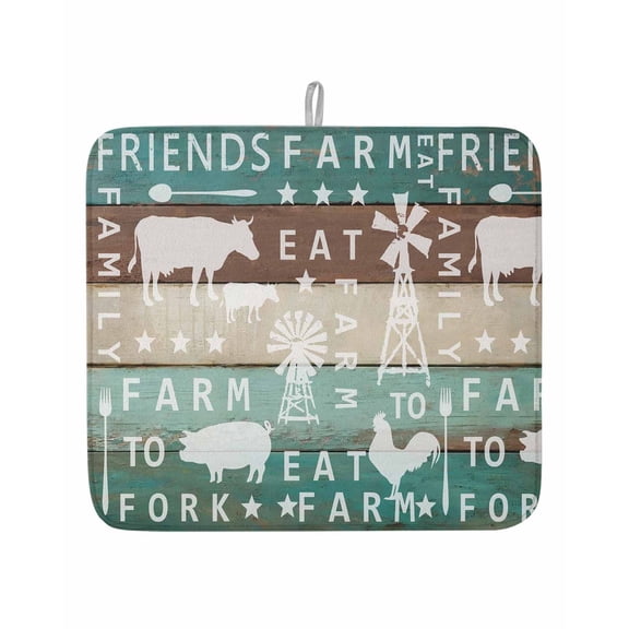 Farmhouse Theme on Retro Wood Dish Drying Mats for Kitchen Counter,Absorbent Microfiber Dish Drainer Rack Mat White Text Animal Silhouette Drying Pad for Sinks,Utensils,Countertops,16x18in