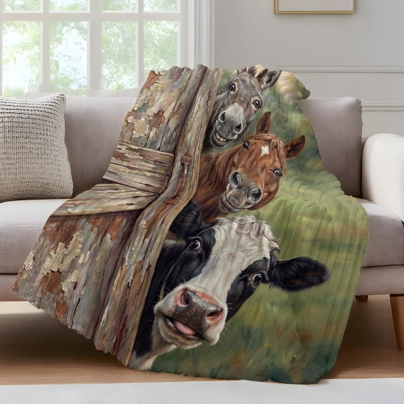 Farmhouse Throw Blanket for Couch Cow Horse Donkey Countryside Vintage Soft and Warm Flannel 3D Striped Fluffy Fuzzy Fleece Blanket Lightweight Throw for Bed, Sofa 40 x 50 Inches