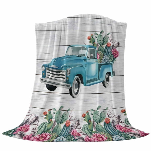 Farmhouse Throw Flannel Blanket Summer Blue Car with Cactus Succulents Wood Grain Super Soft Cozy Bed Blanket, Lightweight Plush Fuzzy Bed Throw for Bedroom Sofa Couch Living Room 40x50In,