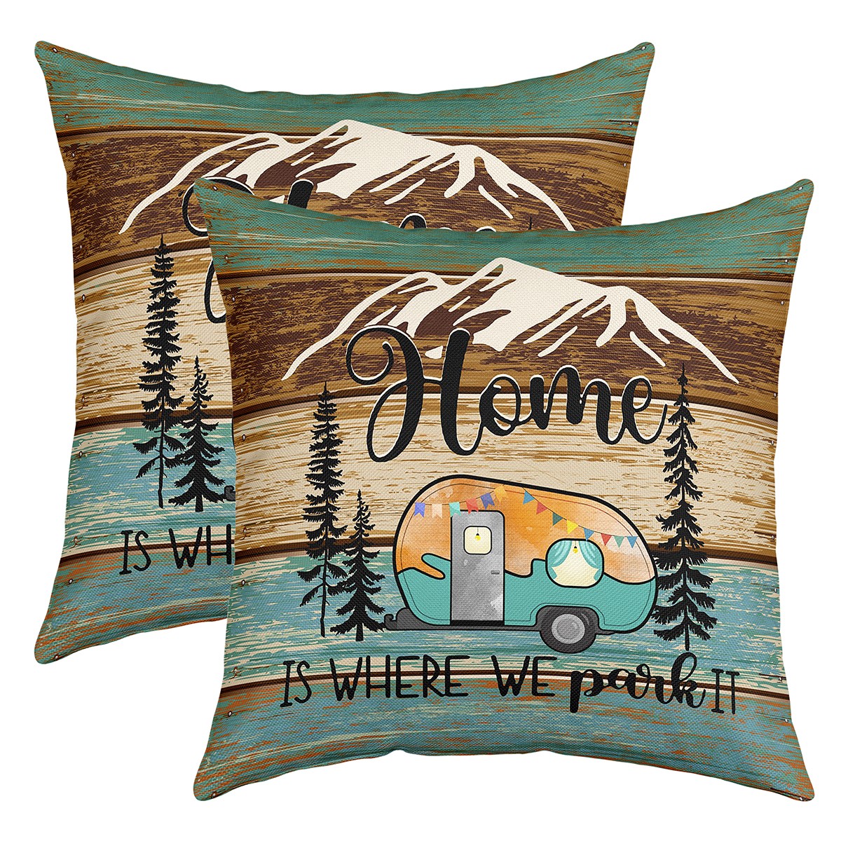 Farmhouse Throw Pillow Covers 24x24 Inch Set of 2, Camping Themed