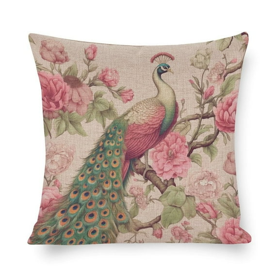 Patio Furniture Pillows Pink Floral And Antique Peacock Pillowcase 20"x20" Birds Vintage Art Modern Sofa Throw Pillow Cover Decoration for Sofa Couch