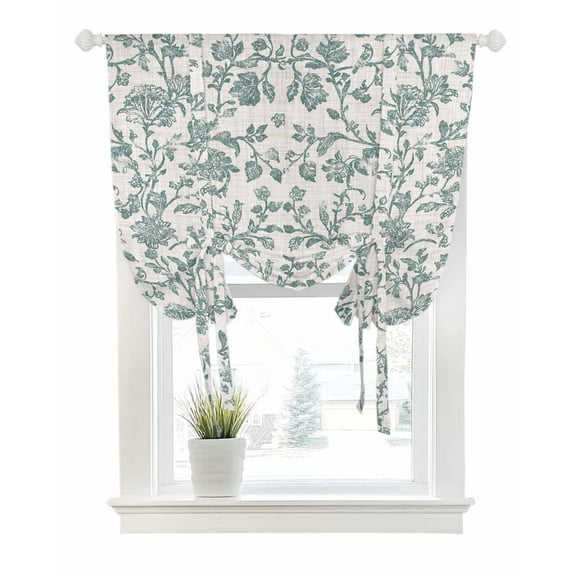 Farmhouse Tie Up Curtains for Window, Thermal Insulted Balloon Shade Adjustable Rod Pocket Curtains Valance Panels for Kitchen Bathroom Cafe 42 x 63 Teal Blue Green Vintage Flower Leaf Plant