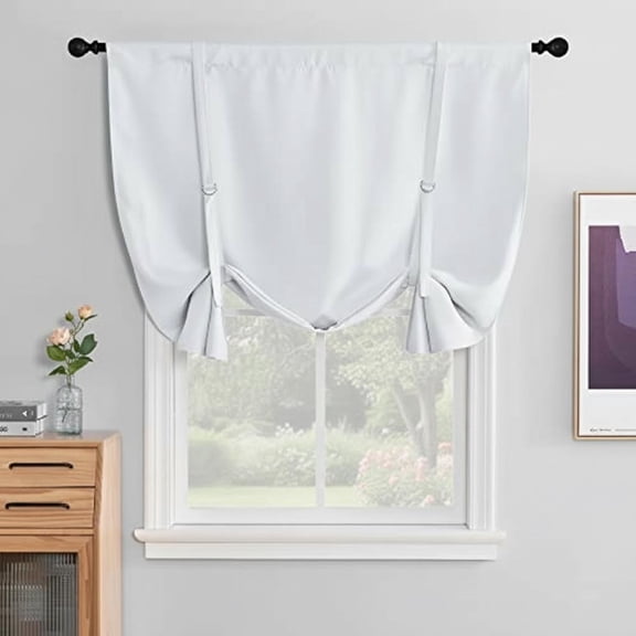 Farmhouse Tie-Up Balloon Shade with D-Rings & Rod Pocket, Roman Valance for Small Windows in Living Room, Bathroom, or Bedroom, 46 Inches Wide by 63 Inches Long, Greyish White, 1 Piece