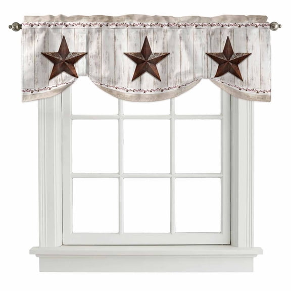 Farmhouse Tie Up Valance Curtains for Windows, Kitchen Curtains Window Shades, Rustic Brown Country Star Barn Berry Wooden Light Filtering Roman Curtain Valances for Bedroom/Bathroom/Cafe 42"x12"
