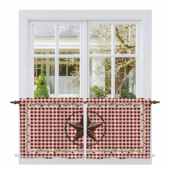 Farmhouse Tier Curtains, Vintage Star Retro Rustic Checked Grid Lodge Light Filtering Kitchen Curtains, 2Pcs Rod Pocket Half Window Treatments Panels for Sink Cafe Cabinet Camper 27.5x24 Inches