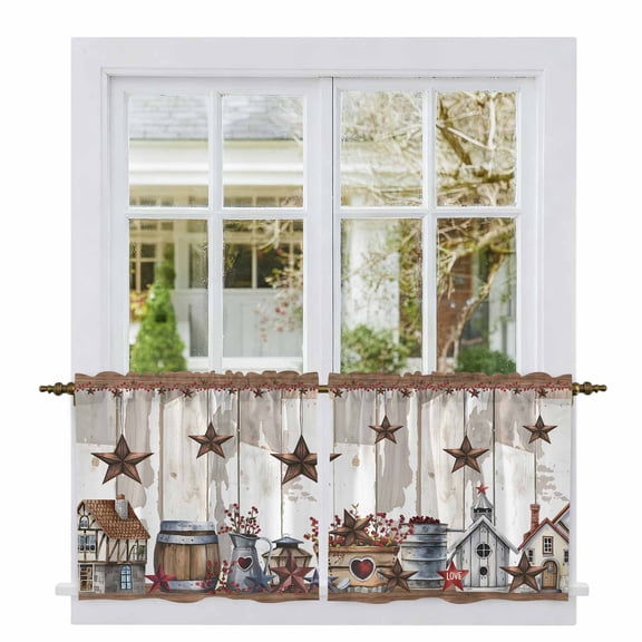 Farmhouse Tier Curtains, Western Texas Star American Country Berry Light Filtering Kitchen Curtains, 2Pcs Rod Pocket Half Window Treatments Panels for Sink Cafe Cabinet Camper 27.5x24 Inches