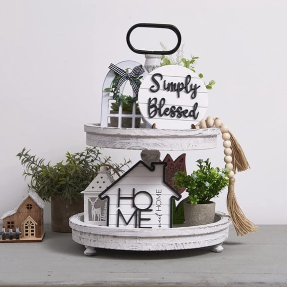 Farmhouse Tiered Tray Home Wood Sign Home Sweet Home Simply Blessed This Is Us Wooden Beads Tiered Tray Decorations Set For Home Kitchen Table Shelf