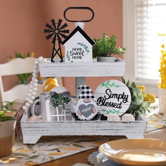 Farmhouse Tiered Tray Stand Wood, Rustic Tiered Tray Decor Holder 2 Tiered Decorative Wooden Serving Tray Rectangular with Metal Handle for Kitchen Table Decor Housewarming Gifts White