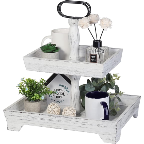 Farmhouse Tiered Tray Stand Wood, Rustic Tiered Tray Decor Holder 2 Tiered Decorative Wooden Serving Tray Rectangular with Metal Handle for Kitchen Table Decor Housewarming Gifts White
