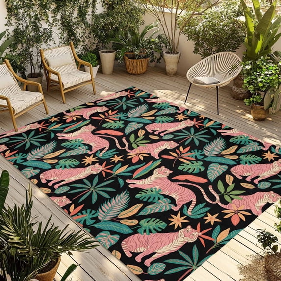 Farmhouse Tiger Outdoor Rug 4x6 Ft - Reversible Patio Rug Outdoor Camping Rugs, Summer Watercolor Animals Palm Trees Washable Indoor Outdoor Area Rugs, Non-Slip Outdoor Carpet Runner for Deck/Porch