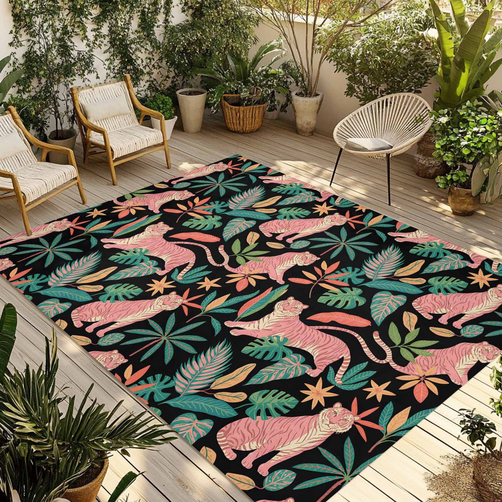 Farmhouse Tiger Outdoor Rug 6x9 Ft - Reversible Patio Rug Outdoor Camping Rugs, Summer Watercolor Animals Palm Trees Washable Indoor Outdoor Area Rugs, Non-Slip Outdoor Carpet Runner for Deck/Porch