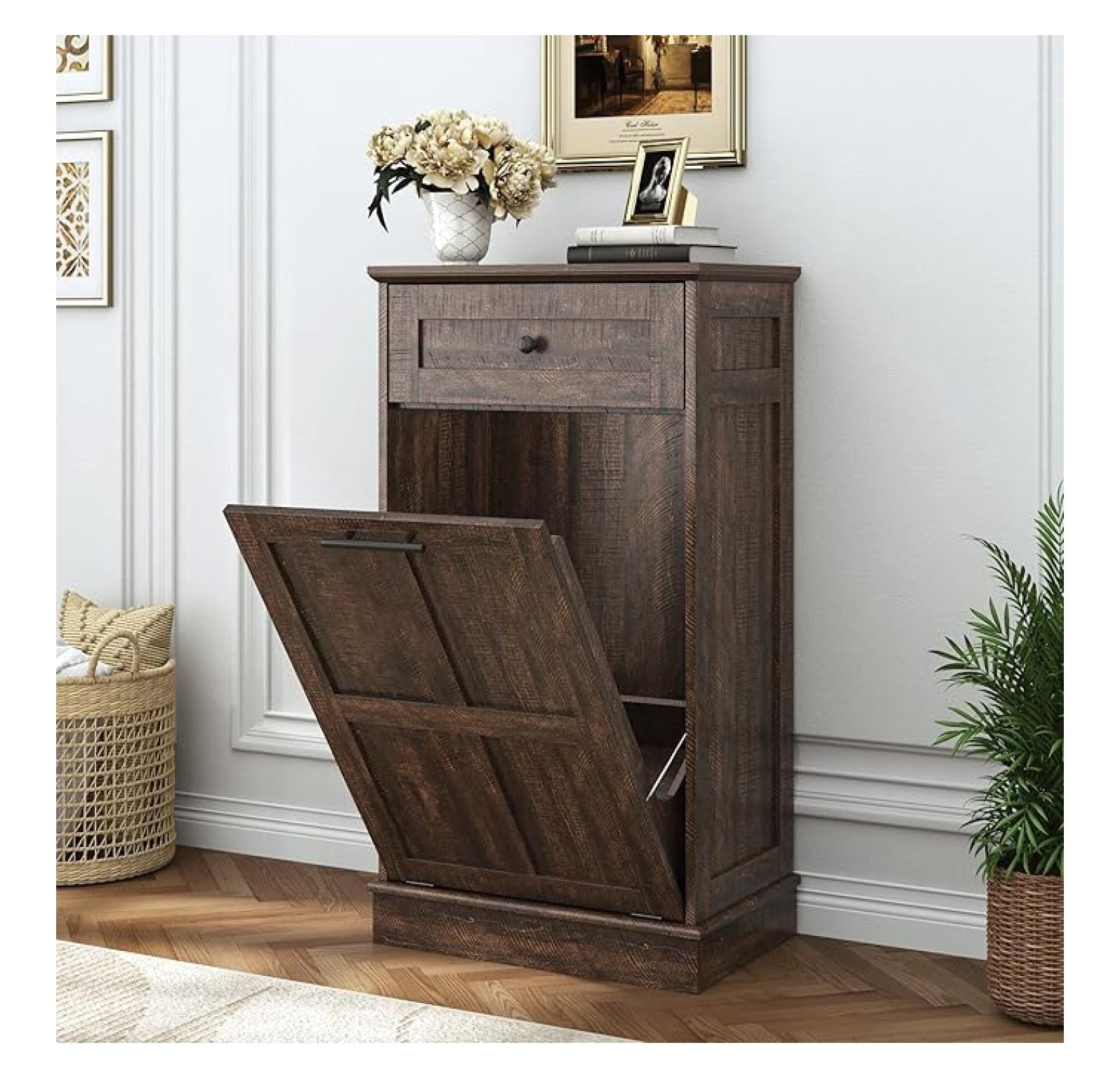 Farmhouse Tilt-Out Trash Can Cabinet, 10 Gallon Laundry Hamper with ...