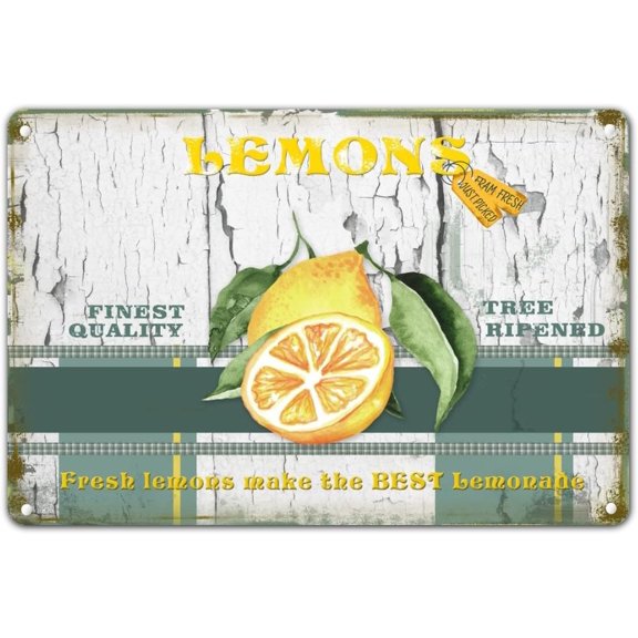 Farmhouse Tin Sign Fresh Lemons Lemonade Metal Plaque Retro Wood Grain Wall Decor 8x12 in