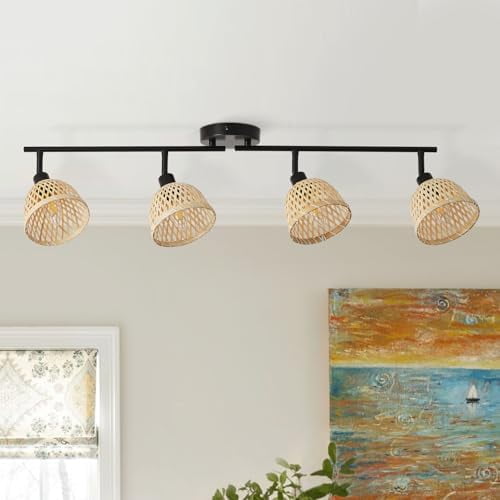 Farmhouse Track Lighting Kit Ceiling Light Fixtures Black Spotlight Fixture Vanity Lighting Rattan Lamp Shade Bathroom Lights Over Mirror for Hallway Porch Foyer Living Room 4-Light