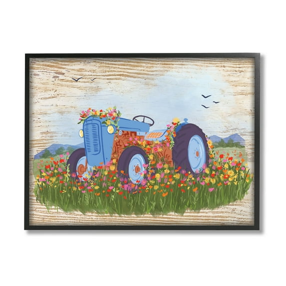 Farmhouse Tractor Floral Blooms Transportation Graphic Art Black Framed Art Print Wall Art