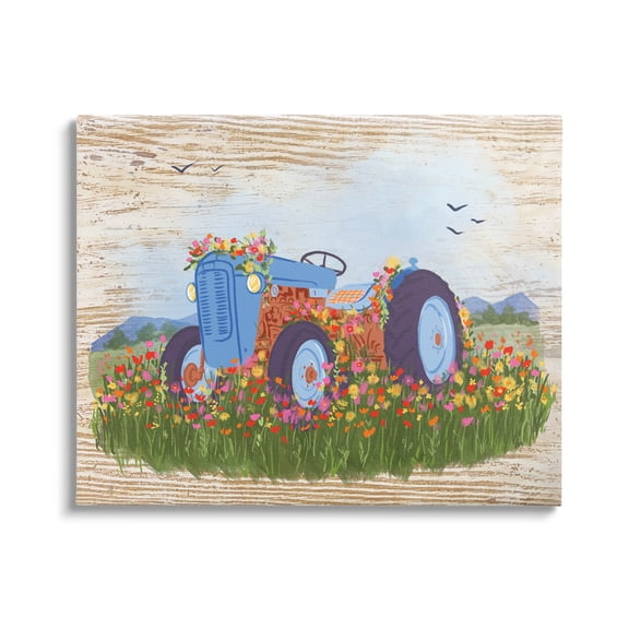 Farmhouse Tractor Floral Blooms Transportation Graphic Art Gallery Wrapped Canvas Print Wall Art