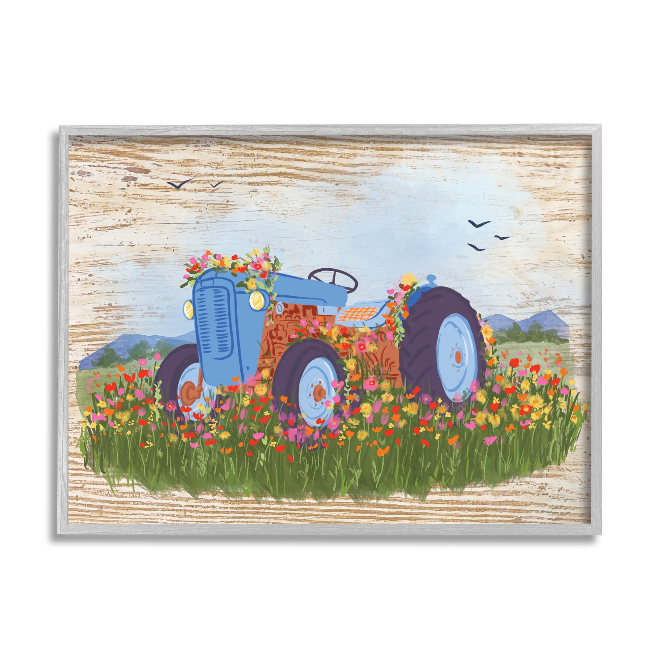 Farmhouse Tractor Floral Blooms Transportation Graphic Art Gray Framed Art Print Wall Art