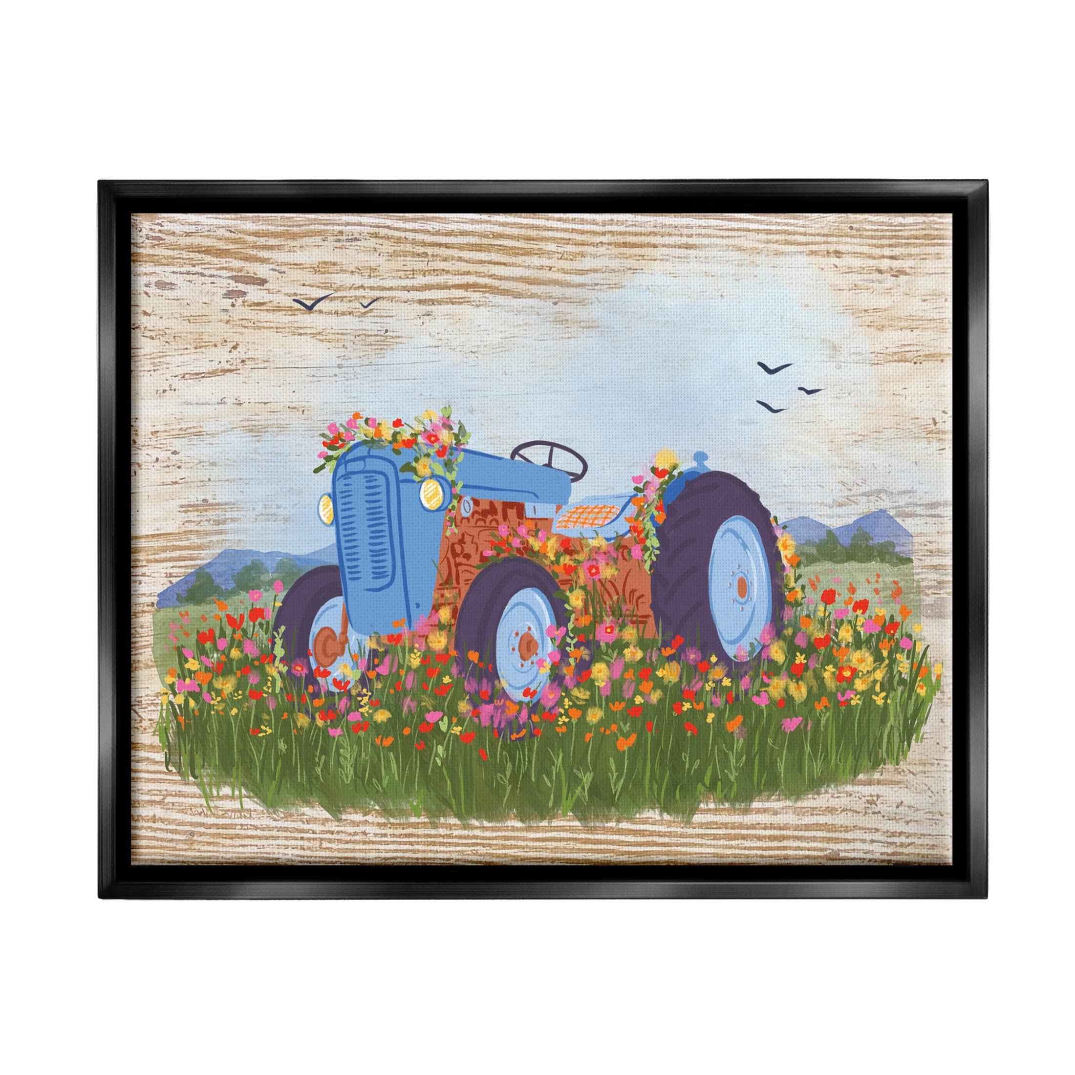 Farmhouse Tractor Floral Blooms Transportation Graphic Art Jet Black Framed Art Print Wall Art
