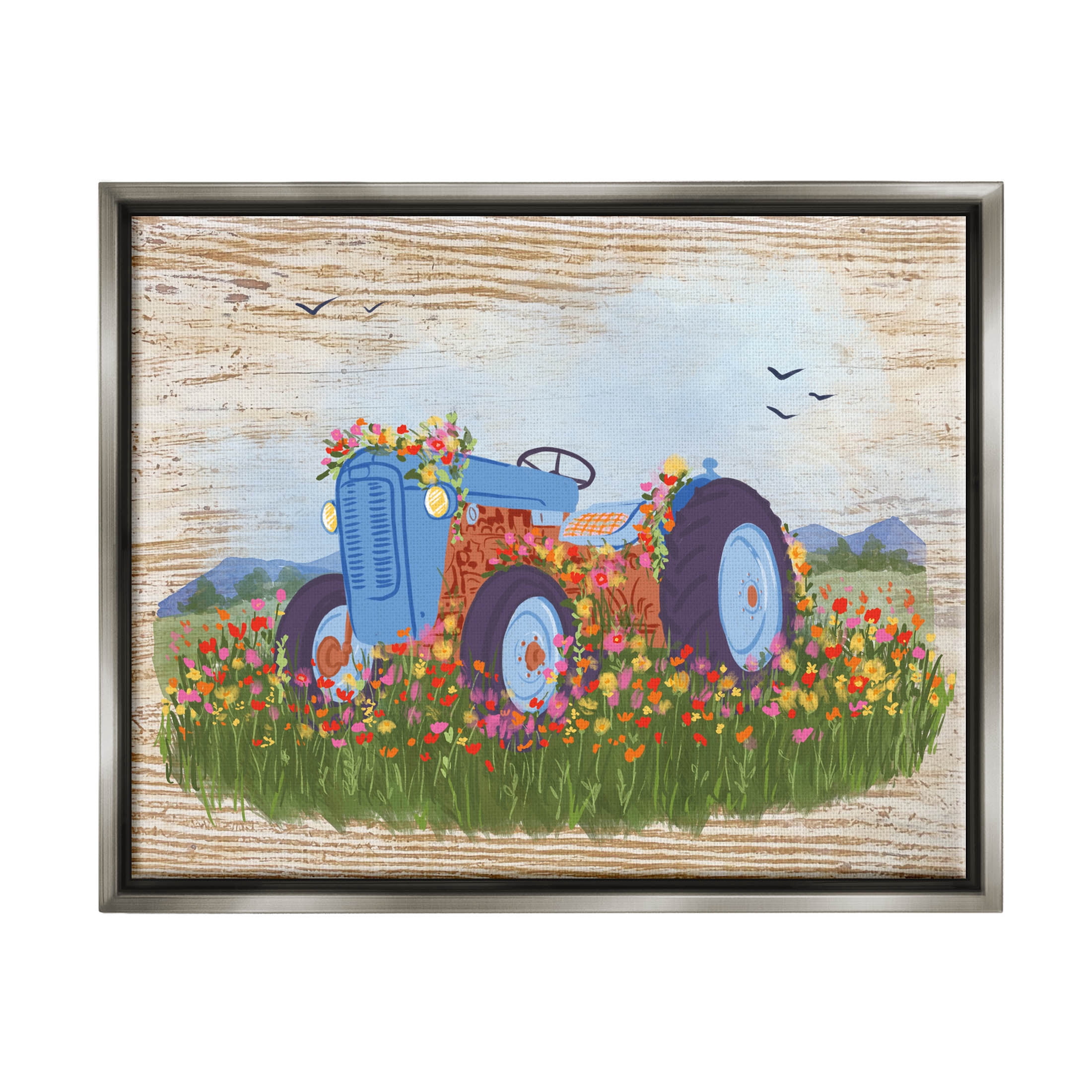 Farmhouse Tractor Floral Blooms Transportation Graphic Art Luster Gray Framed Art Print Wall Art