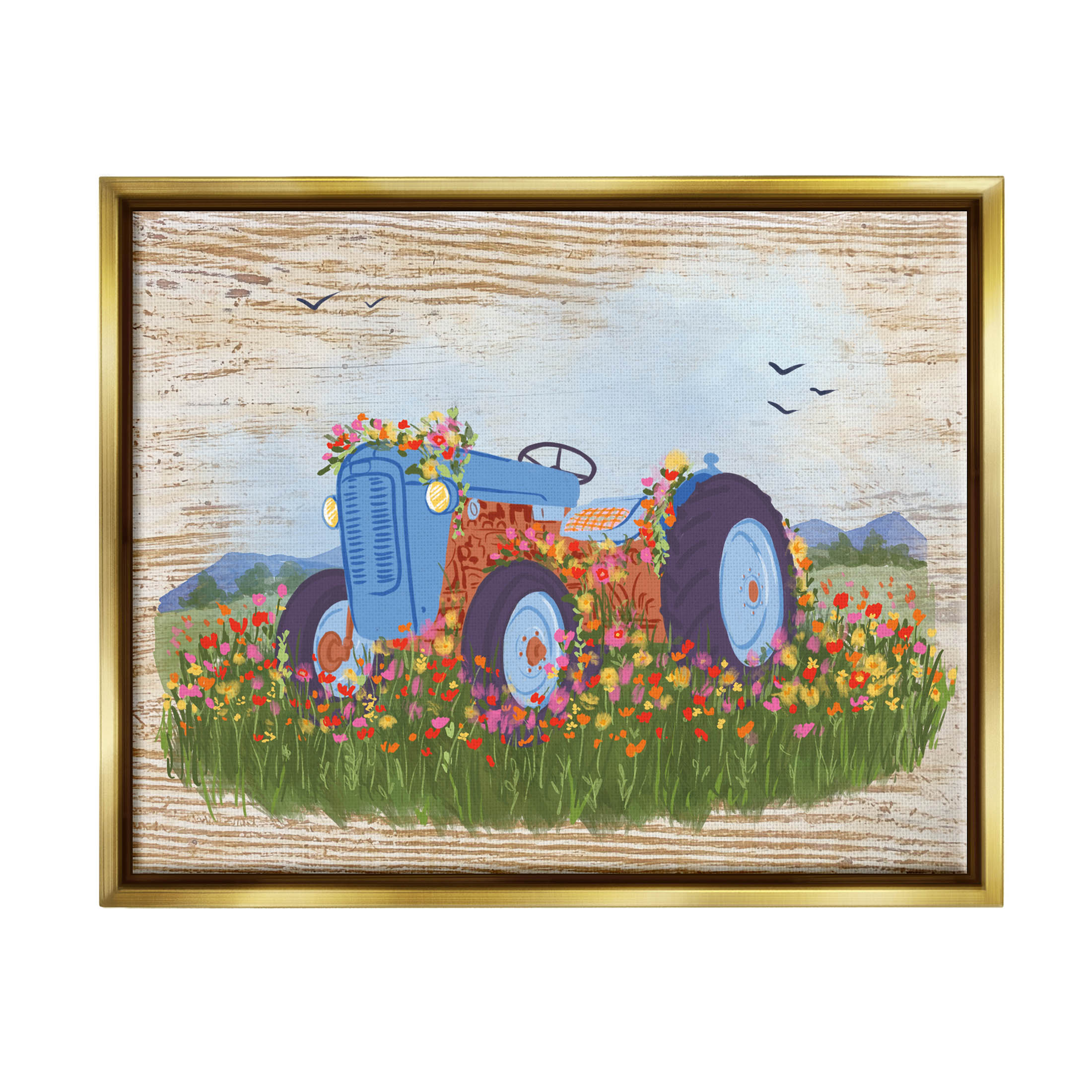 Farmhouse Tractor Floral Blooms Transportation Graphic Art Metallic Gold Framed Art Print Wall Art