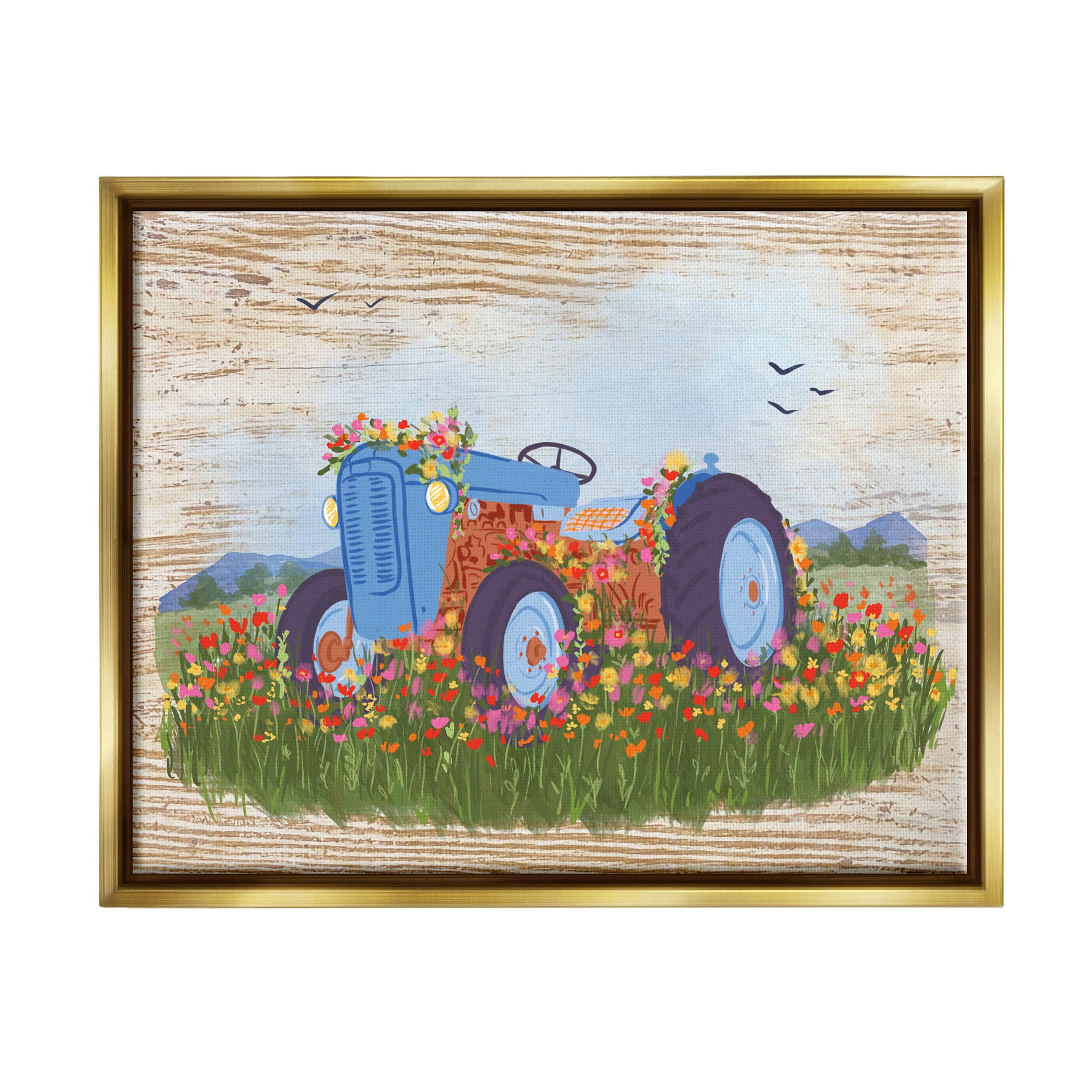 Farmhouse Tractor Floral Blooms Transportation Graphic Art Metallic Gold Framed Art Print Wall Art