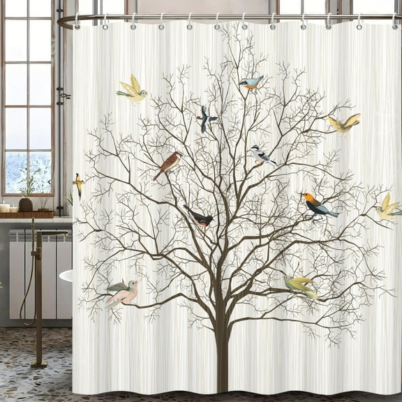 Tree Shower Curtain with Bird,White Gray Bath Curtains Rustic Bathroom Decor with Hooks 72x72